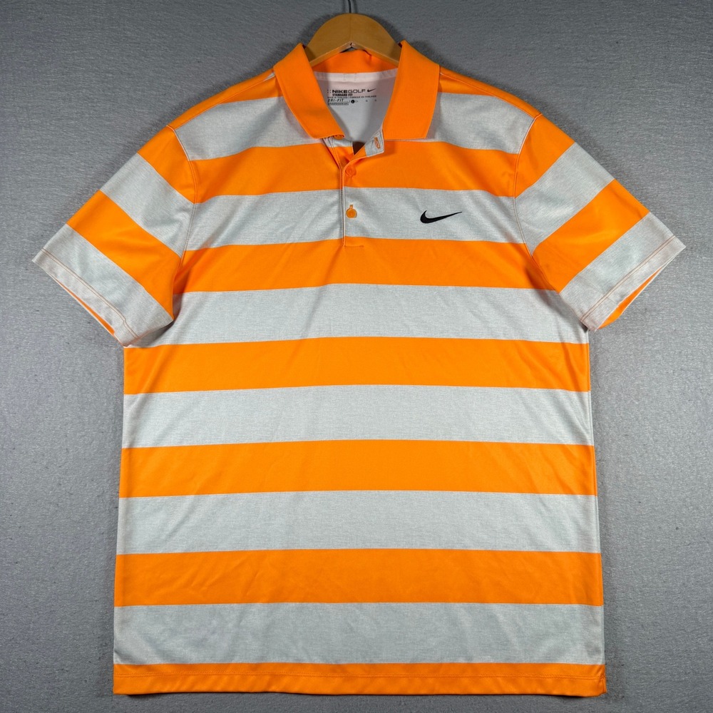Nike‎ Golf Mens Dri-FIT Striped Polo Shirt Orange White 725516-868 Large